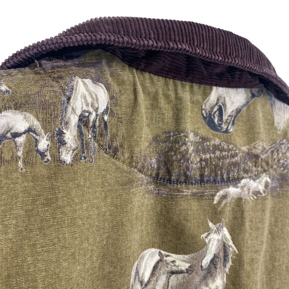 Bit & Bridle Womens L Chore Barn Jacket Brown Horse AOP Corduroy Trim Equestrian - Picture 16 of 16